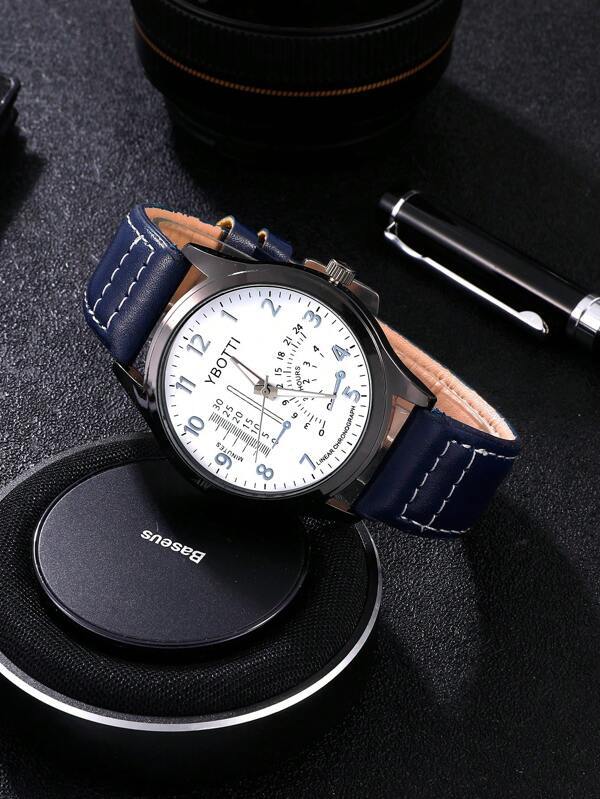 腕時計 メンズ セット 1個 男性 ブルー ポリウレタン ストラップ ファッション 丸い ダイヤルクォーツウォッチ & 4個 ブ_画像4