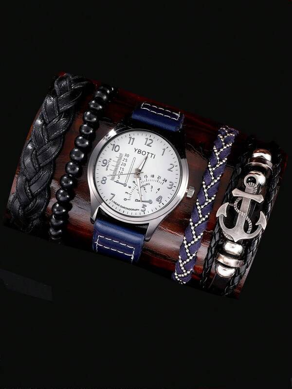 腕時計 メンズ セット 1個 男性 ブルー ポリウレタン ストラップ ファッション 丸い ダイヤルクォーツウォッチ & 4個 ブ_画像1