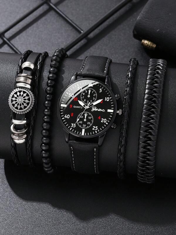腕時計 メンズ セット 1個 ブラック ポリウレタンストラップ ファッション ラウンド ダイヤルクォーツウォッチ & 4個 ブレ_画像5