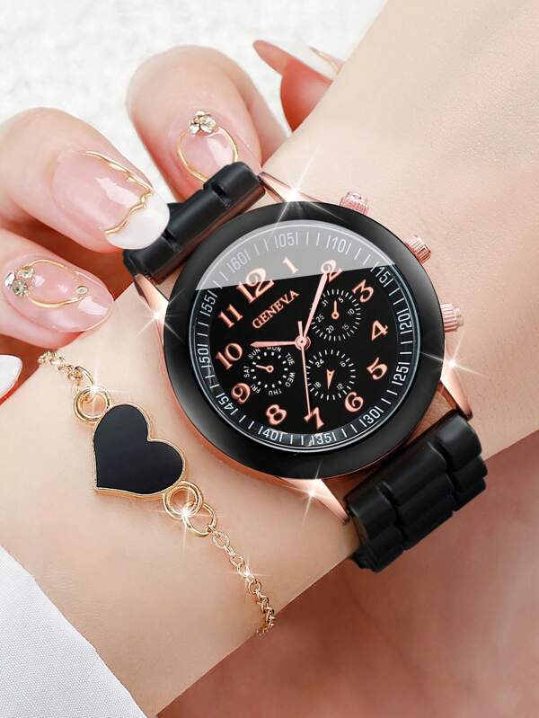 腕時計 レディース セット 女性用シリコン時計 3眼 デジタル文字盤+ブレスレット 4個セット_画像3