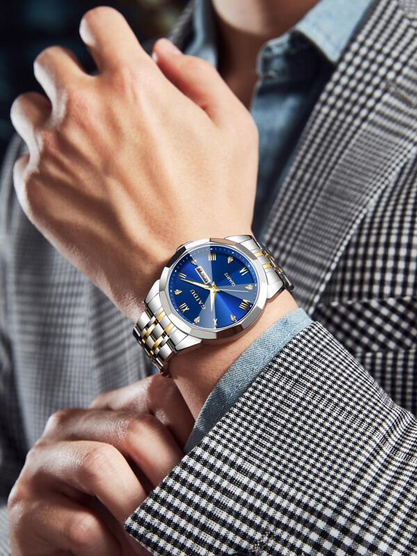 腕時計 メンズ クォーツ 1個 男性 ツートーン ステンレス鋼 ストラップ ビジネス ラインストーンデコレーション カレンダー 耐_画像3