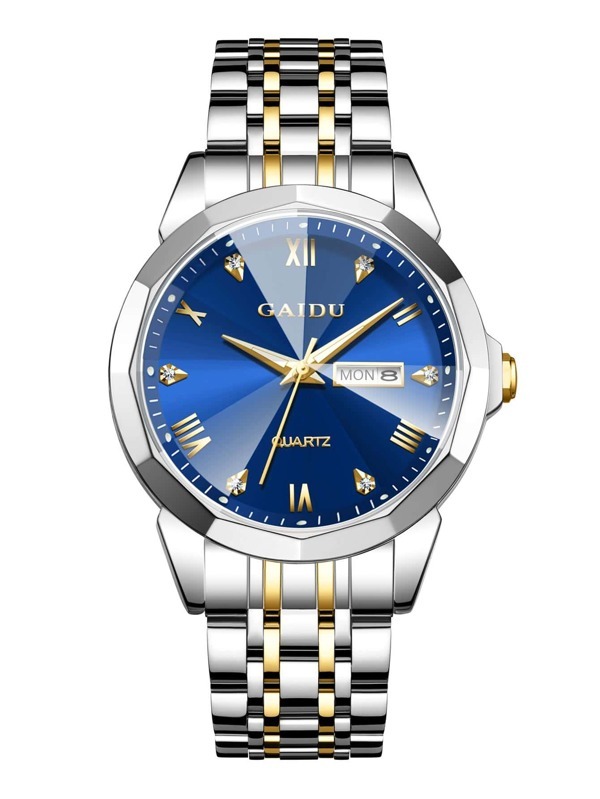 腕時計 メンズ クォーツ 1個 男性 ツートーン ステンレス鋼 ストラップ ビジネス ラインストーンデコレーション カレンダー 耐_画像2