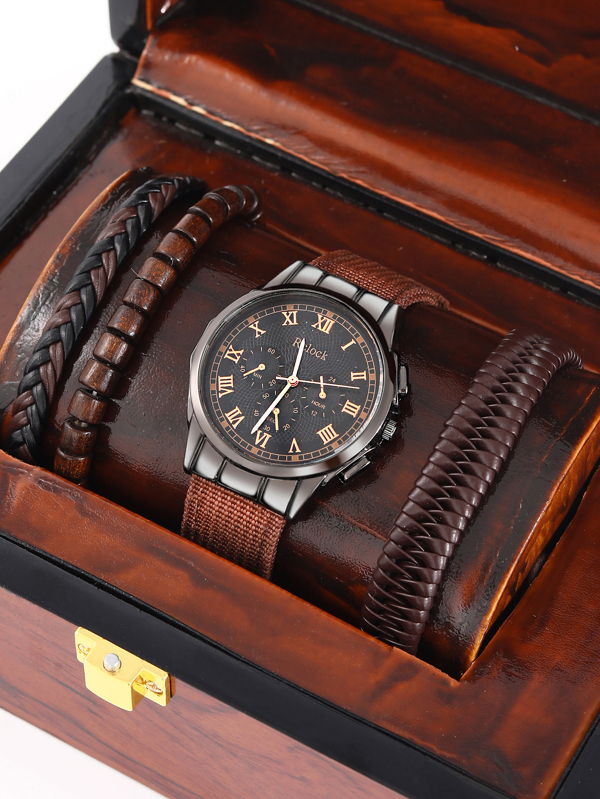 腕時計 レディース セット 1個 ブラウン ポリウレタンストラップ ファッショナブル ラウンドダイヤルクォーツウォッチ & 3個_画像1