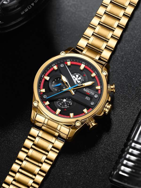 腕時計 メンズ クォーツ ファッション多機能メンズ 3 防水合金クォーツ腕時計カレンダー機能ゴールデン_画像4