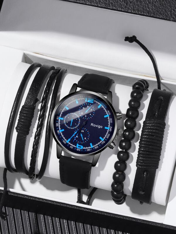 腕時計 メンズ セット ファッション ビジネス 黒 ラウンド型 男性用ベルトクオーツ時計 ブレスレットの組み合わせセット 4個セッ_画像1