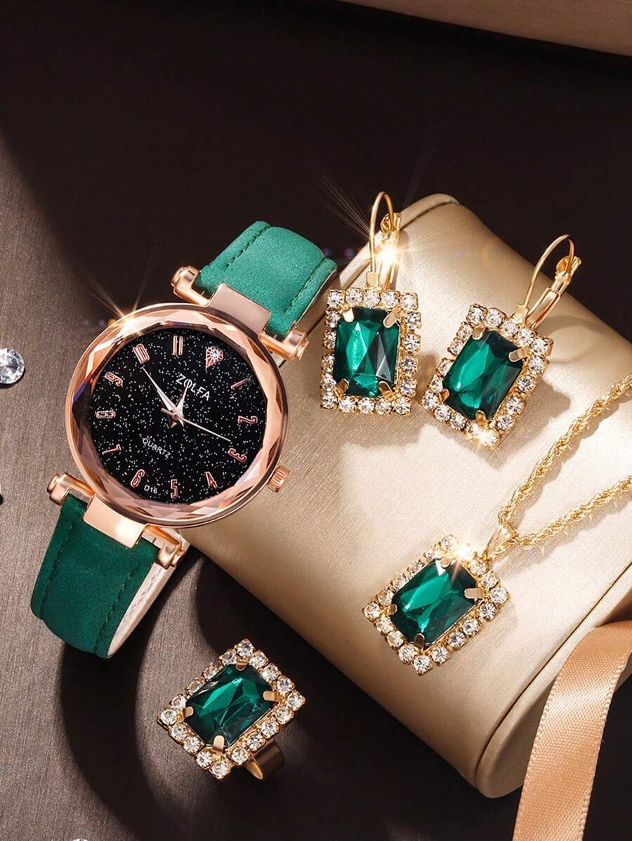 腕時計 レディース セット 1個 女性用グリーンポリウレタンストラップ グラマラスなラウンドダイヤル クオーツ時計＆4個の輝石 ス_画像5