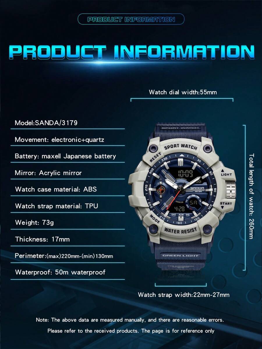 腕時計 メンズ クォーツ 男性用腕時計 サンダトップ品質 デジタル時計 5気圧防水 アウトドア多機能スポーツ腕時計 デュアルディス_画像4