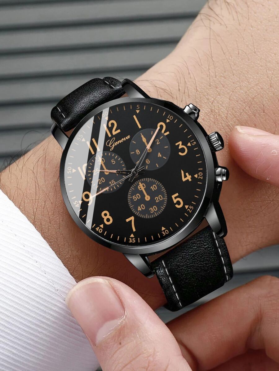 腕時計 メンズ セット メンズ時計5個セット ブラックレザーストラップクォーツ時計、ビジネス＆ファッション＆マッチングブレスレット_画像1