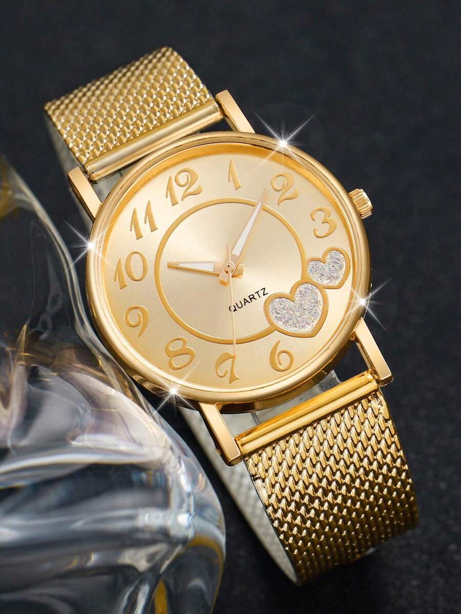 腕時計 レディース セット 女性用シンプルファッションプラスチックメッシュストラップクォーツウォッチ、デジタルハートパターンダイヤ_画像2