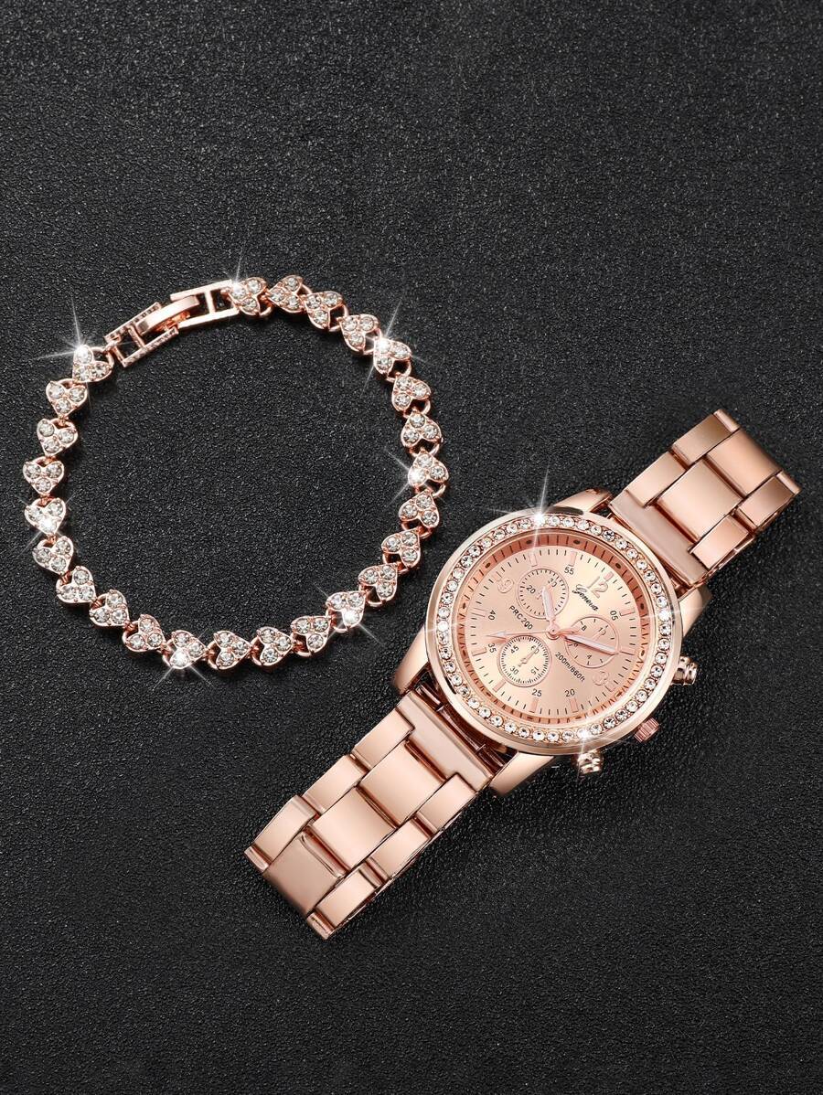 腕時計 レディース セット 1個のラインストーン装飾クオーツ時計 & 1個のブレスレット セット、ホリデー用_画像4