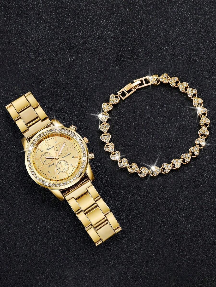 腕時計 レディース セット 女性用 ゴールド ジンク合金ストラップ グラマラスなラインストーン装飾 円形 ダイヤル クオーツ腕時計_画像4