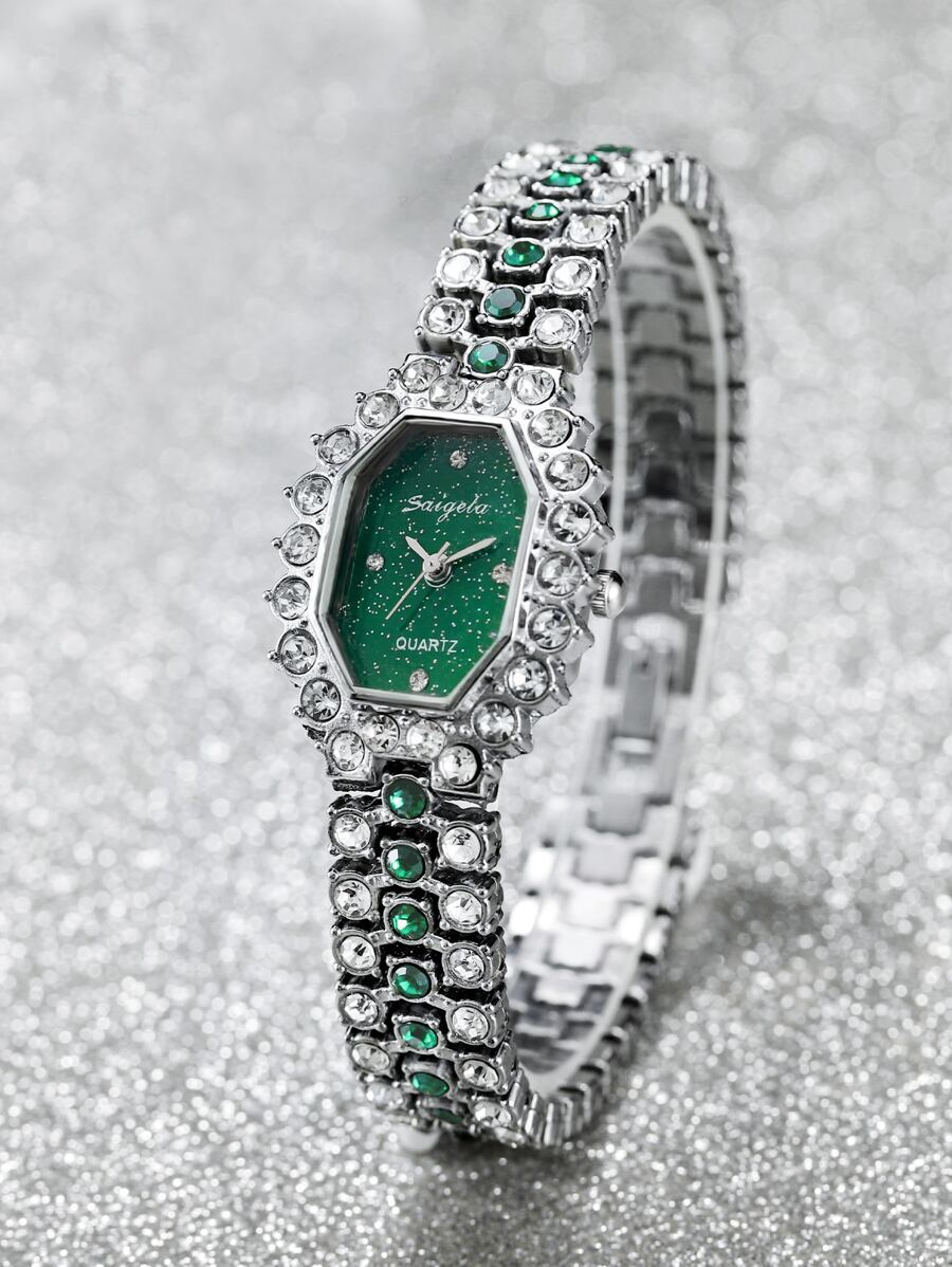 腕時計 レディース セット 女性向け銀色のジンク合金ストラップ流れるようなラインが美しい輝くラインストーン飾りポリゴンダイアル時計_画像3