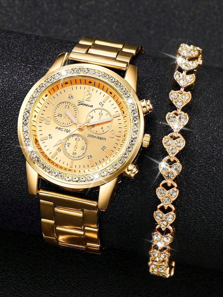 腕時計 レディース セット 女性用 ゴールド ジンク合金ストラップ グラマラスなラインストーン装飾 円形 ダイヤル クオーツ腕時計_画像5