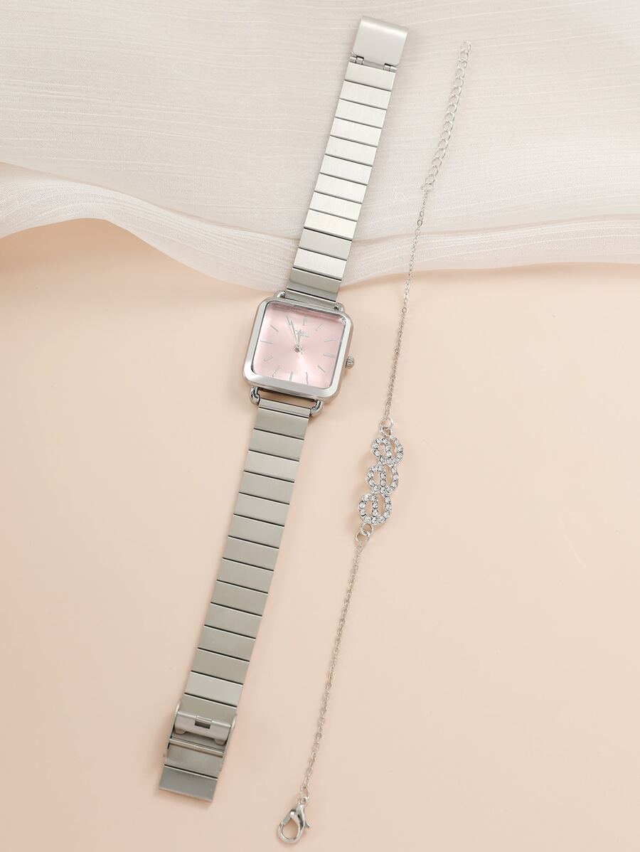 腕時計 レディース セット 1個 正方形ポインター クオーツ時計&1個 ブレスレット 休日_画像4