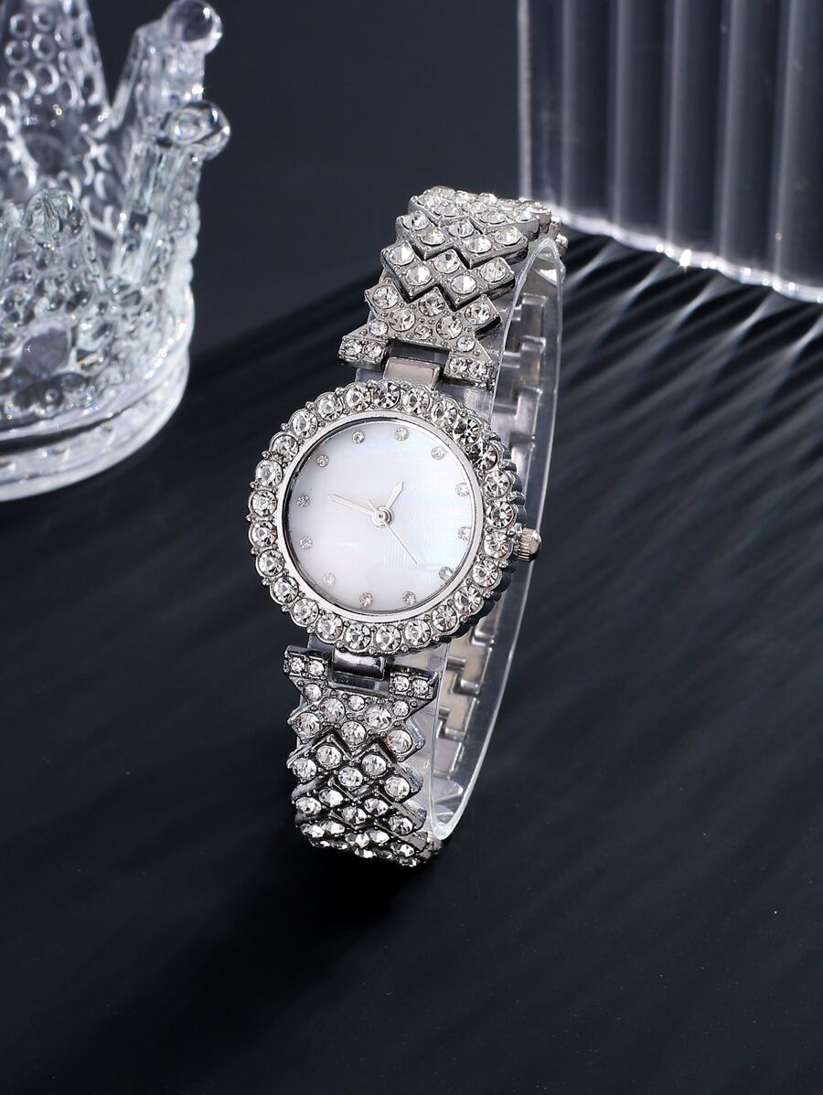 腕時計 レディース セット ラインストーン装飾 ラウンドポインター クオーツ腕時計 1個 & ブレスレット 1個 ホリデー_画像1