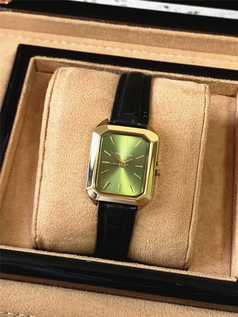 腕時計 レディース クォーツ 18ゴールドトーンのステンレススチールの正方形のケースに緑色の文字盤が付いたレディース時計、シンプル_画像3
