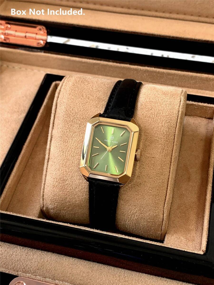 腕時計 レディース クォーツ 18ゴールドトーンのステンレススチールの正方形のケースに緑色の文字盤が付いたレディース時計、シンプル_画像1