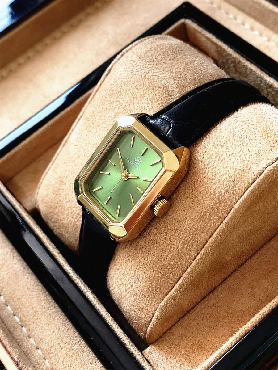 腕時計 レディース クォーツ 18ゴールドトーンのステンレススチールの正方形のケースに緑色の文字盤が付いたレディース時計、シンプル_画像4