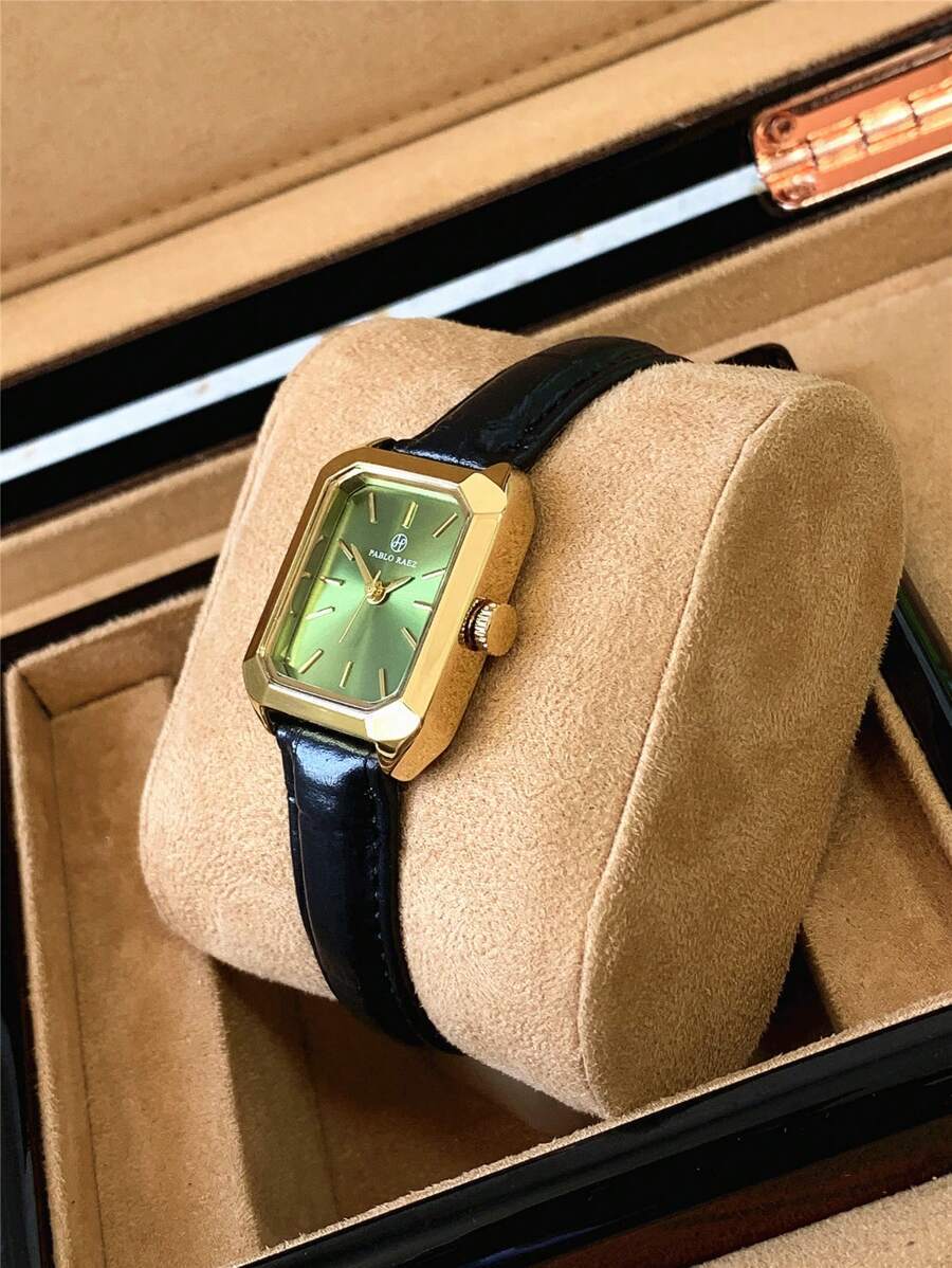 腕時計 レディース クォーツ 18ゴールドトーンのステンレススチールの正方形のケースに緑色の文字盤が付いたレディース時計、シンプル_画像6