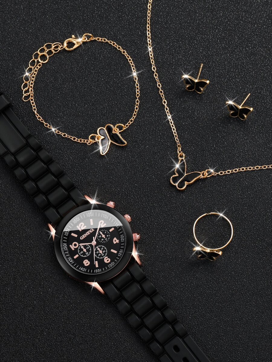 腕時計 レディース セット 女性用シリコンストラップ ファッショナブルな 3つの目盛り 数字 クオーツ腕時計& 5個セットのジュエ_画像5
