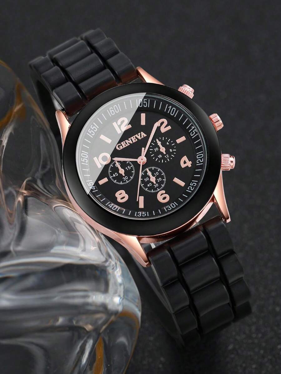 腕時計 レディース セット 女性用シリコンストラップ ファッショナブルな 3つの目盛り 数字 クオーツ腕時計& 5個セットのジュエ_画像2