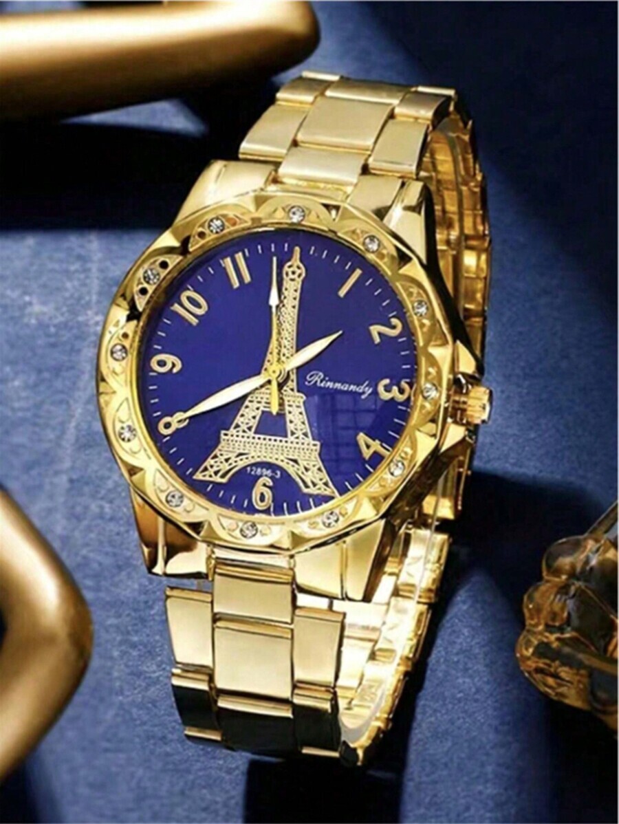腕時計 レディース セット レディースウォッチ5個セット、女性用フルラインストーンエッフェル塔文字盤クオーツウォッチおよびブルージ_画像1