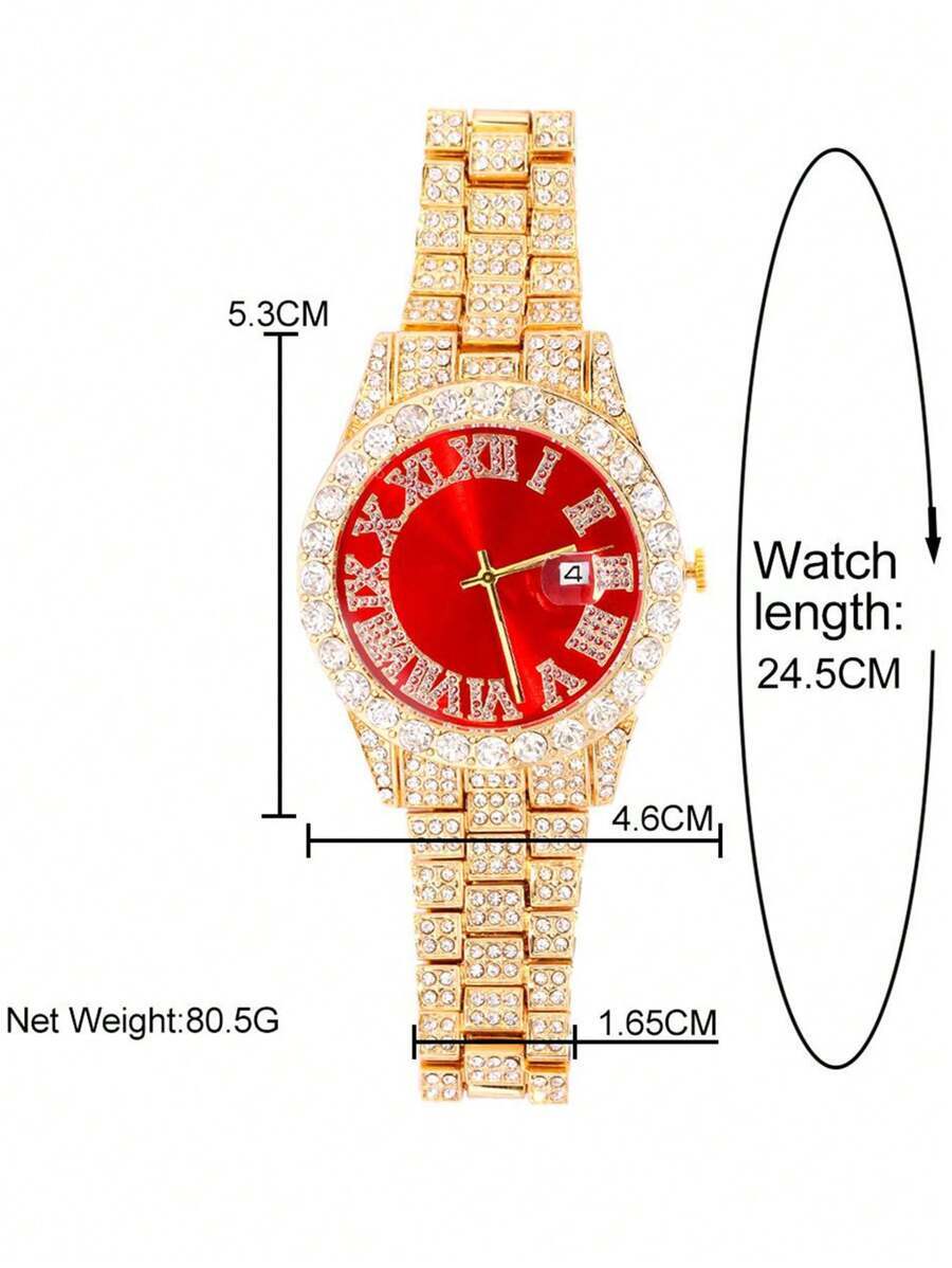 腕時計 メンズ セット ファッションラインストーン腕時計＆ヒップホップ14プロングチェーン＆ラッパーネックレスセット、パンクパーテ_画像3
