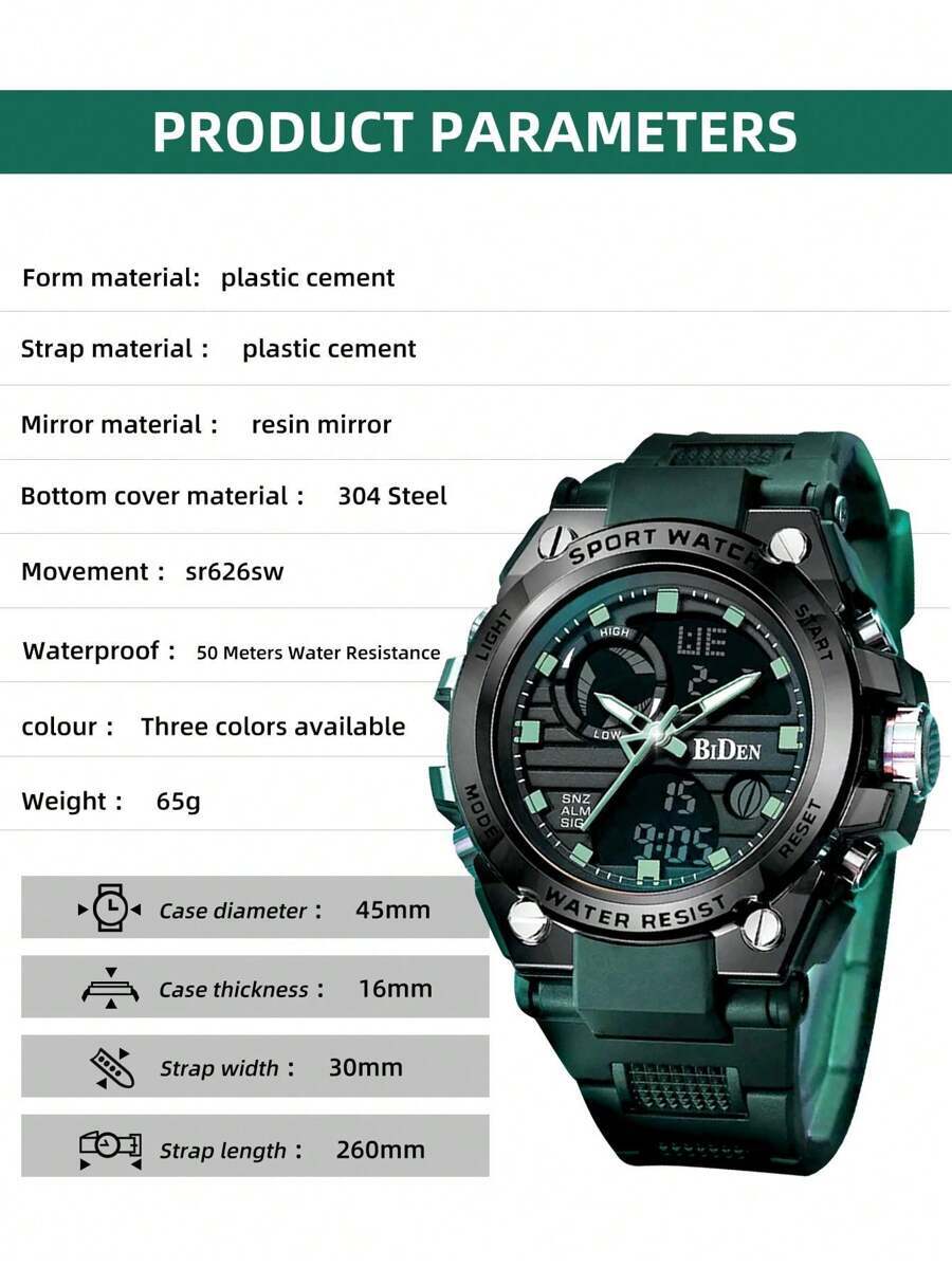 腕時計 メンズ クォーツ 1個 男性用 緑色プラスチックストラップ ファッショナブル 24時間防水 ラウンドダイヤル 電子腕時計、_画像2