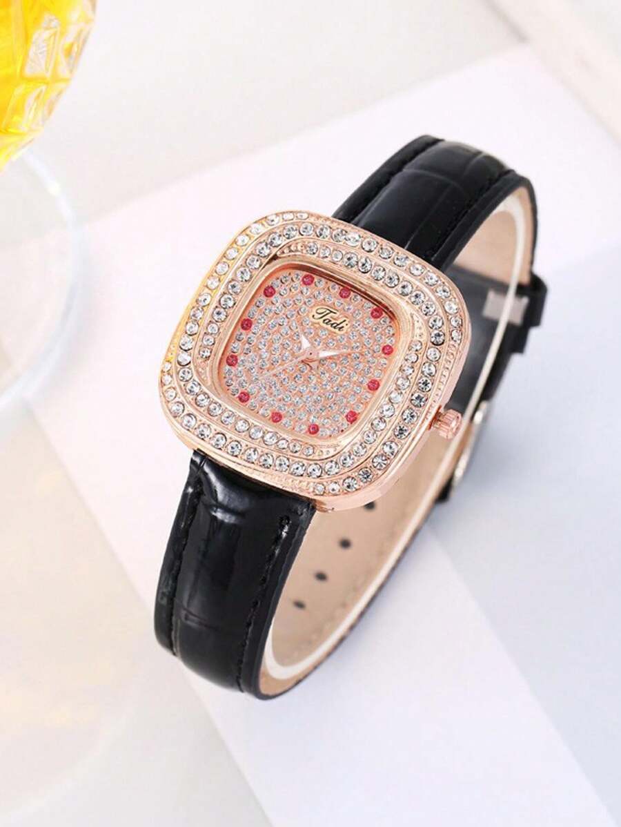 腕時計 レディース クォーツ 女性用ブラック腕時計、輝く輝石と革の個性的な腕時計、日常使用に適しています_画像2