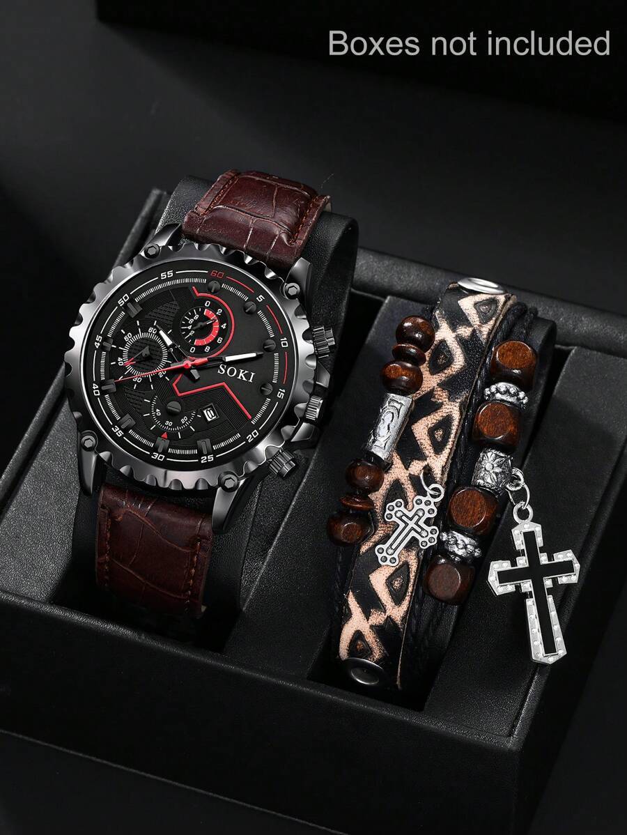 腕時計 メンズ セット 男性用 カレンダー付ファッションクォーツ腕時計 1個と 十字架ブレスレットジュエリーセット1個_画像1