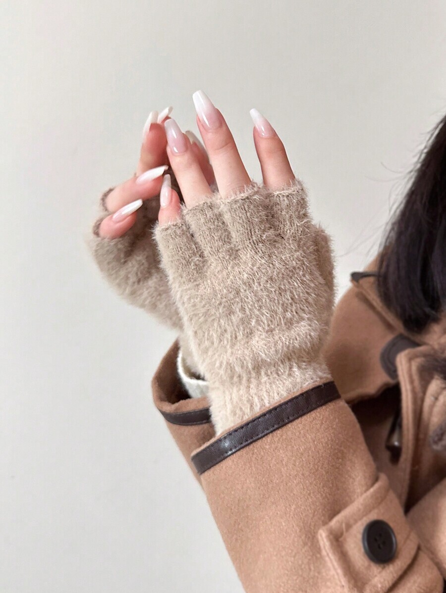 レディース アクセサリー 手袋 1 ペアの女性のファッショナブルなぬいぐるみハーフフィンガー グローブは厚くて暖かい抗寒さタッチ_画像3