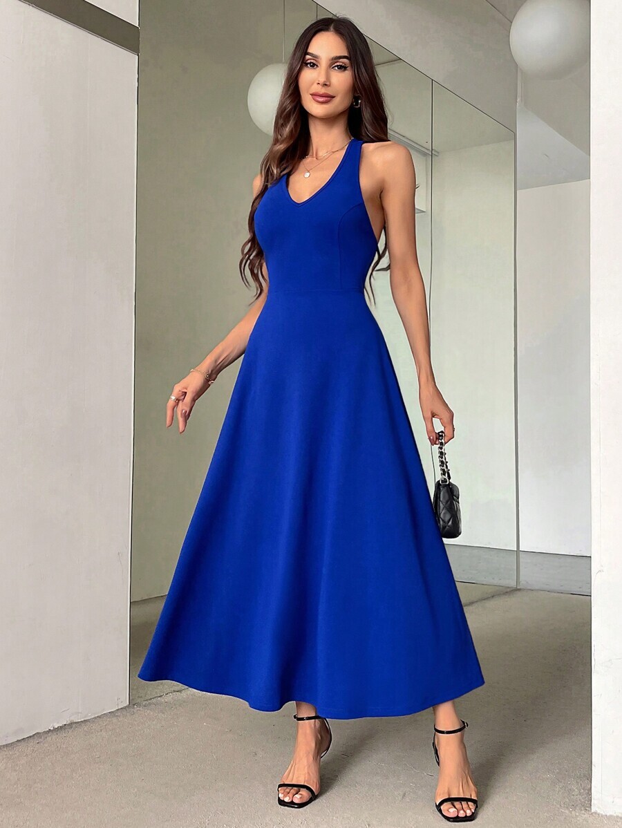 レディース ドレス _ 女性用　ブルー　Ｖネック　バッククロスストラップ　夏用　ショートドレス　セクシーでエレガントなデザイン_画像3