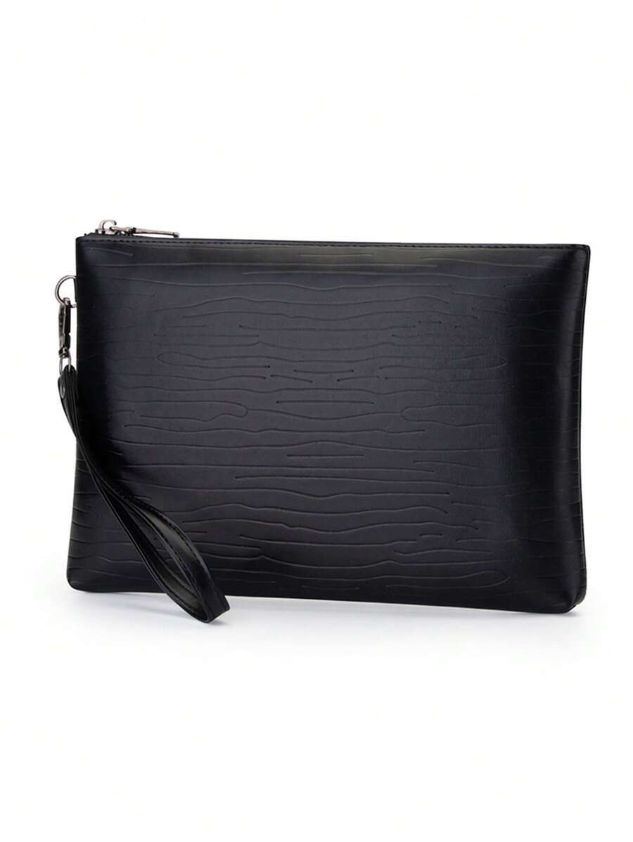 メンズ バッグ ハンドバッグ 1個 黒無地 ソフト素材のポータブルジッパークロージャー付きクラッチバッグ、ビジネス用や日常の軽い旅_画像3