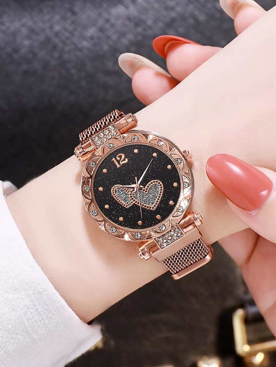 腕時計 レディース セット 1 個の女性のローズゴールドメッシュバンドクォーツ時計と 1 個のブレスレット_画像2