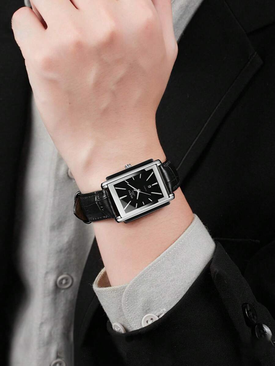 腕時計 メンズ クォーツ 男性用 腕時計 革ベルト 柄長方形 普段使いに適したデザイン_画像6
