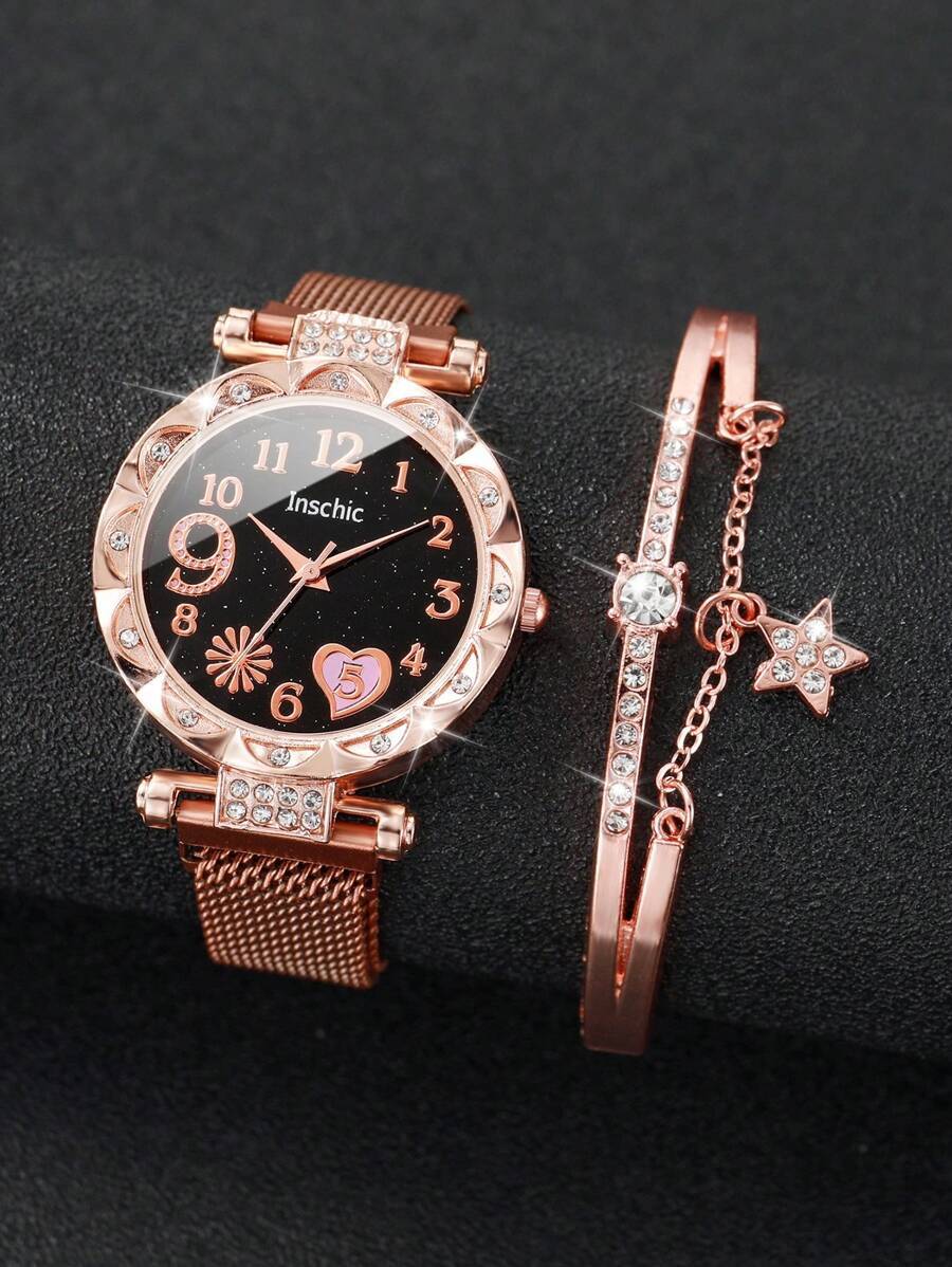 腕時計 レディース セット 女性用メッシュベルトファッションクォーツウォッチ、ラインストーン入りラブダイヤル+星型ブレスレット(2_画像3