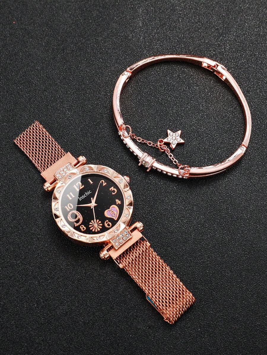 腕時計 レディース セット 女性用メッシュベルトファッションクォーツウォッチ、ラインストーン入りラブダイヤル+星型ブレスレット(2_画像4