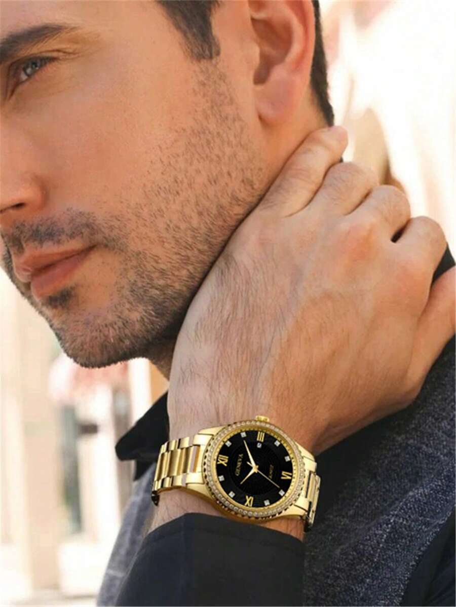 腕時計 メンズ クォーツ 男性用ウォッチ ゴールド ステンレススチールストラップ 華やかな日付 ラインストーン装飾 円形ダイアル_画像5