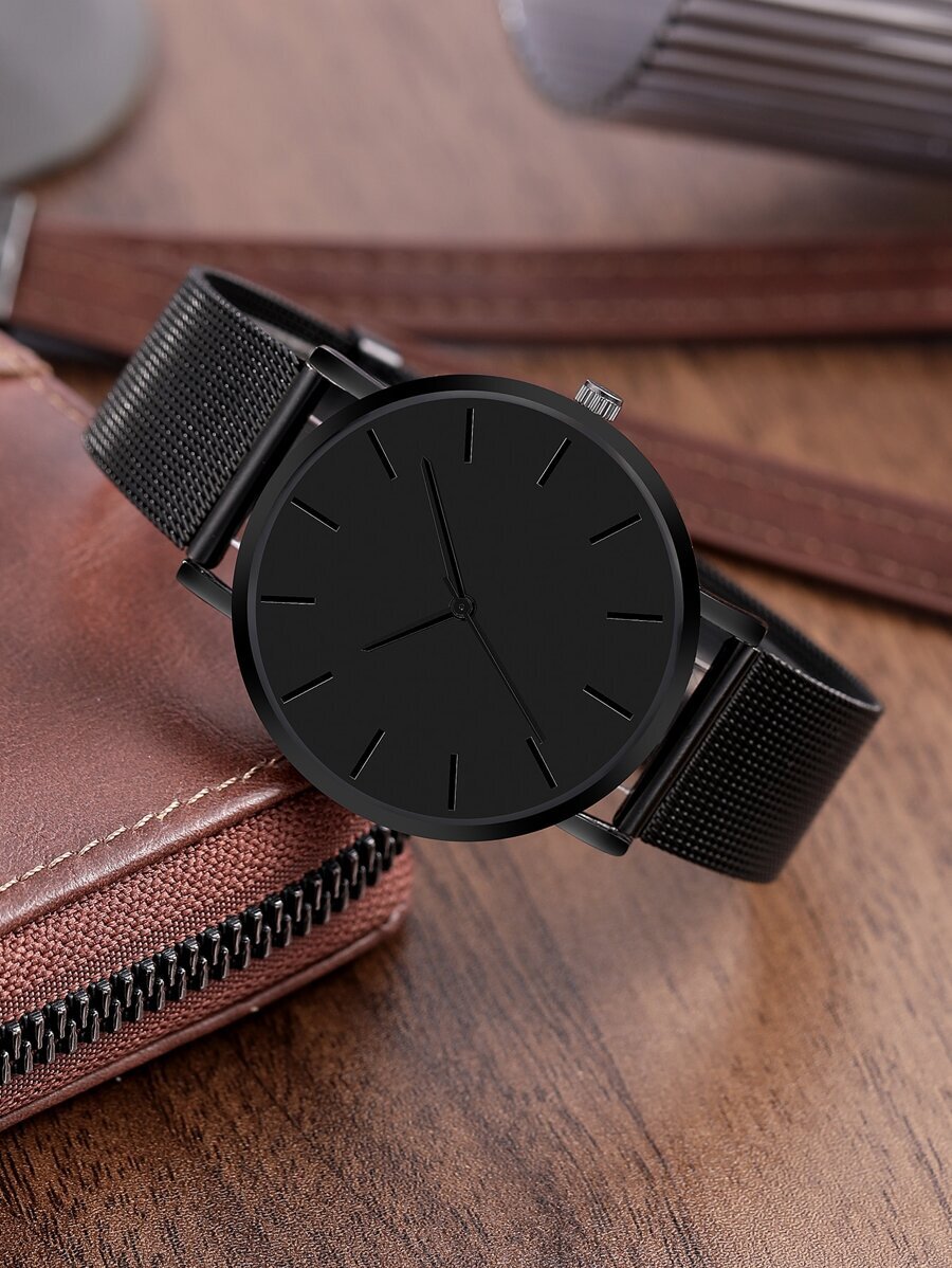 腕時計 メンズ セット メンズウォッチ 1個 ブラックのファッショナブルな丸型ダイヤル クオーツ腕時計 メンズ用ステンレススチール_画像1