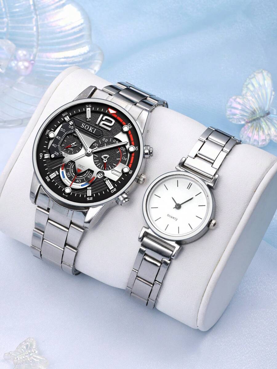 腕時計 ペアウォッチ カップルウォッチ カップル専用シルバー ステンレススチール クオーツ時計 2個セット、トレンディなデザイン、_画像4