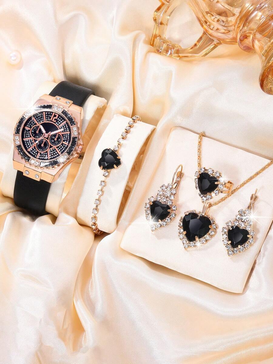 腕時計 レディース セット レディースウォッチ 6個セット、女性用ブラックストラップクオーツ腕時計、輝くフルラインストーン文字盤+_画像1