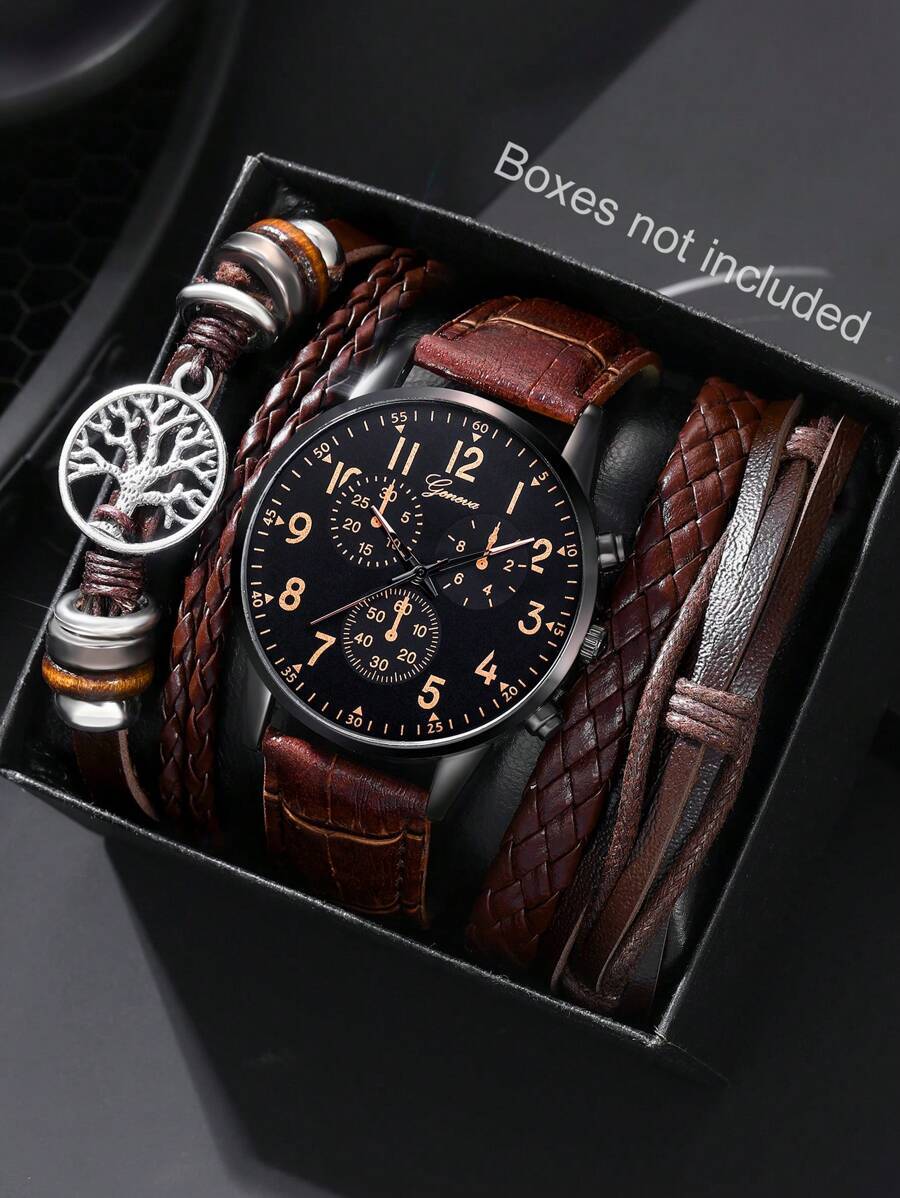 腕時計 メンズ セット メンズウォッチ4個セット、男性用茶色ストラップファッショナブルなカジュアルな丸型ダイヤルポインタークォーツ_画像1
