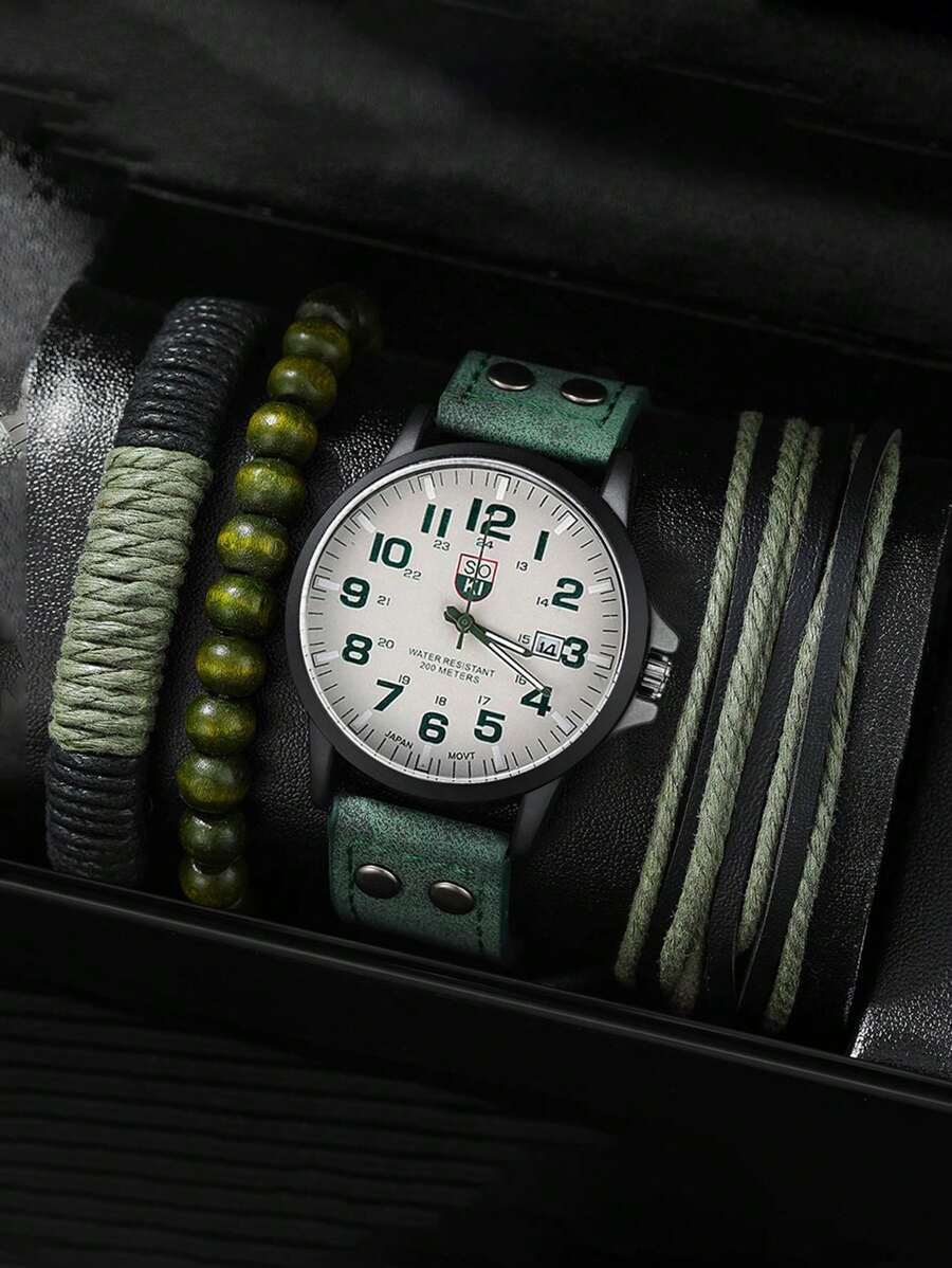 腕時計 メンズ セット メンズウォッチ4個セット、カレンダー表示 カジュアルクオーツ腕時計、ストラップ、ブレスレット、時計箱、男性_画像5
