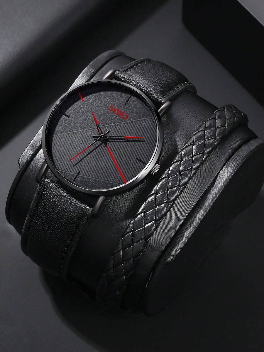 腕時計 メンズ セット 男性用時計 セット品 1個、メンズブラックストラップクオーツ時計とレザーコードブレスレット時計、父の日のギ_画像1