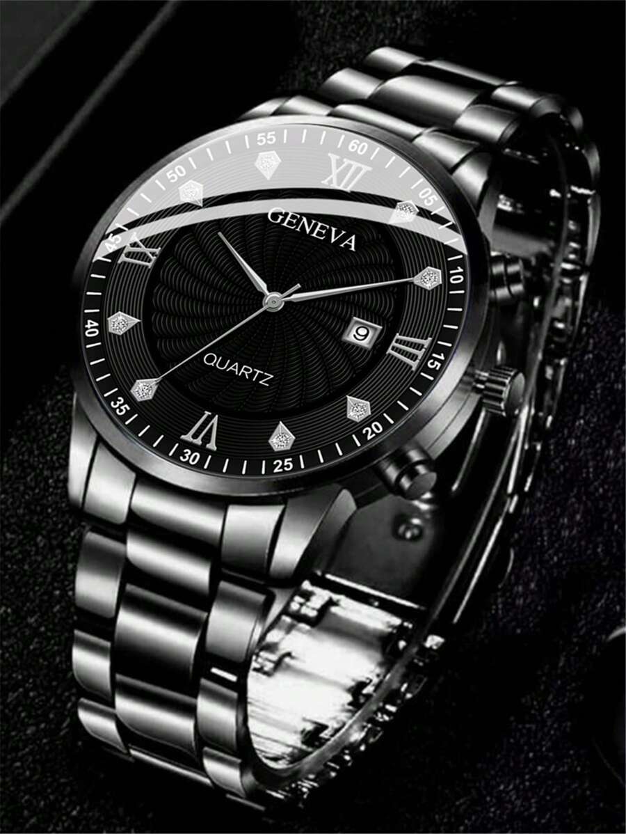 腕時計 メンズ クォーツ メンズ用時計 黒 ステンレススチールストラップ、ラインストーン飾り、日付付きラウンドダイアルクオーツ時計_画像5