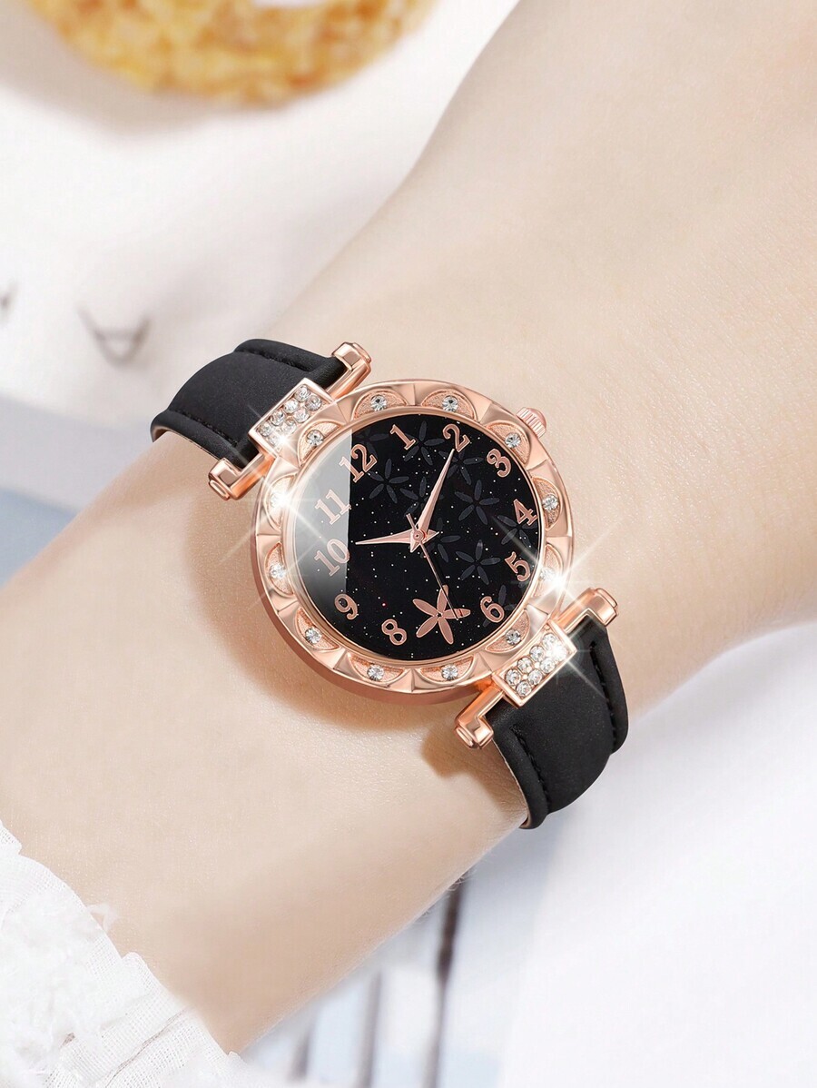 腕時計 レディース セット 女性用黒レザーベルトクオーツ時計セット5個、シンプルでスタイリッシュな円形ダイヤル、デイリーウェアやア_画像2