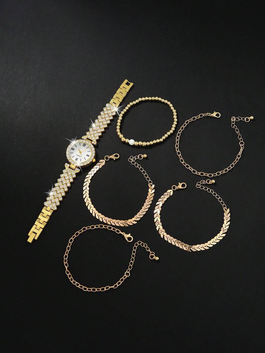 腕時計 レディース セット 個女性ゴールド ステンレス スチール ストラップ グラマラス ラインストーン装飾ラウンド ダイヤル ク_画像1