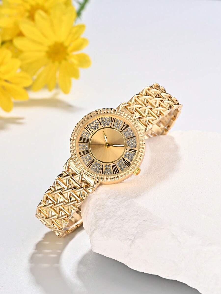 腕時計 レディース セット 1 個女性ゴールド亜鉛合金ストラップグラマラスラインストーン装飾ラウンドダイヤルクォーツ時計 & 5_画像1