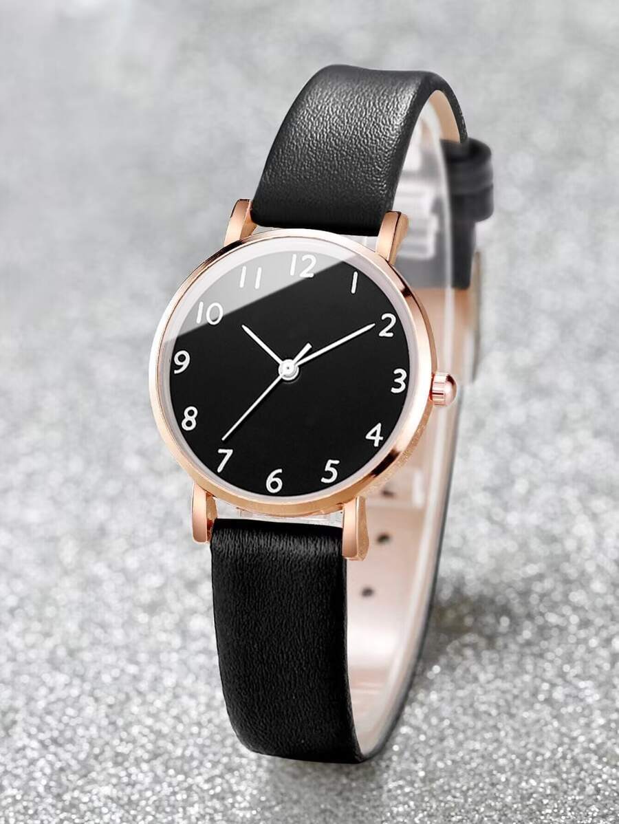 腕時計 レディース セット 1個 ブラック ポリウレタンストラップ ファッション ラウンド ダイヤルクォーツウォッチ & 4個_画像2