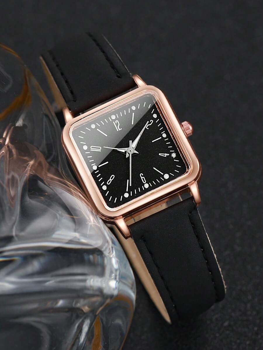 腕時計 レディース セット 女性用時計 おしゃれなシンプルな正方形の文字盤 デジタルスケール クオーツ時計 レザーベルト とハート_画像5
